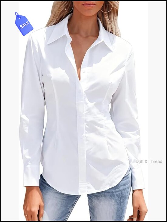 Tops - Long Sleeve Button Down Blouse Wrinkle Free Work Shirt Corset Top